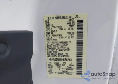 2005 Nissan Titan Le from USA, damaged, VIN 1N6AA06B15N565357